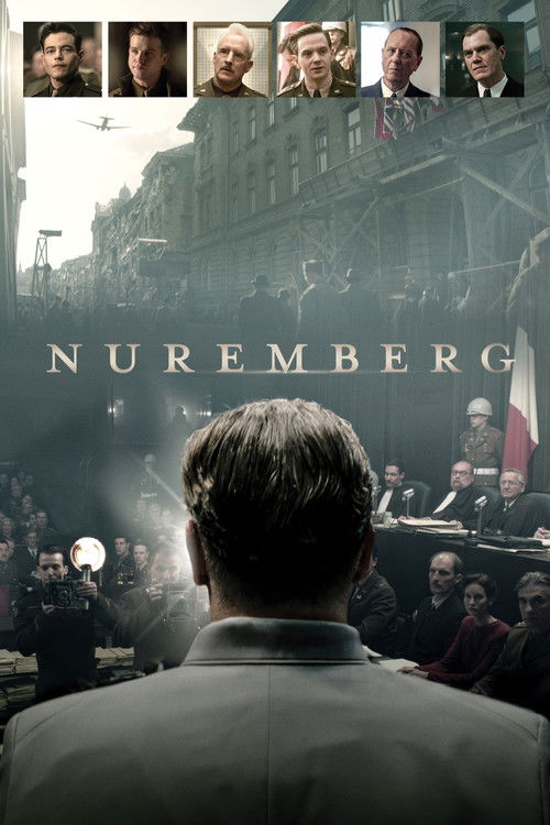 The poster features a somber, muted color palette dominated by grays and browns. It depicts a man's back as the central figure, observing a solemn courtroom scene with a backdrop of historical figures and a tense atmosphere. The composition evokes a sense of historical gravity and moral weight.