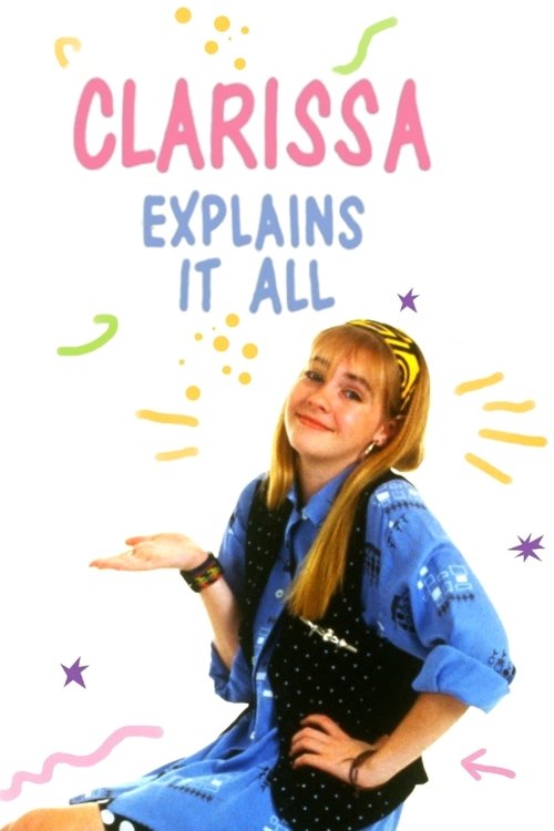 The poster features a cheerful Clarissa with a confident smile, wearing a blue outfit with a black vest. She gestures with her hand, exuding excitement and approachability. The playful, colorful design with bright yellows and purples adds a lively atmosphere, suggesting a friendly and engaging TV...