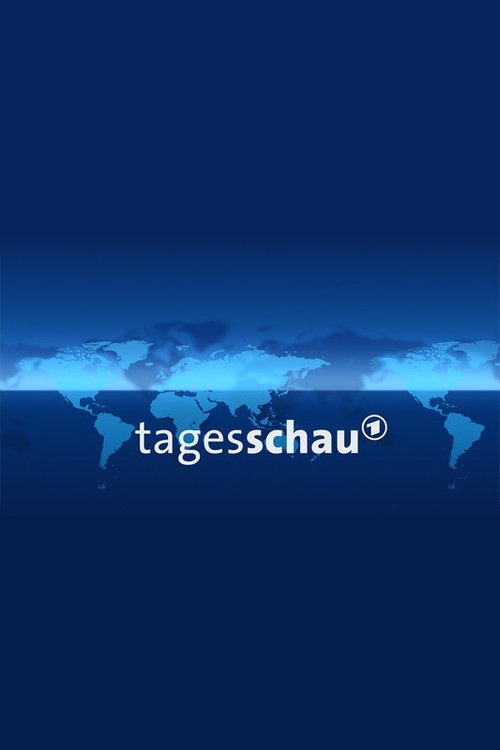 The poster features a serene blue world map with the Tagesschau logo prominently displayed in white. The calm, professional mood evokes a sense of global news coverage and international awareness.