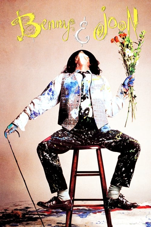 The poster features a man in a white suit with blue paint splatters, sitting on a stool holding a bouquet of flowers and a cane. The background is a warm, sepia-toned wall, and the title "Benny & Joon" is written in a playful, yellow font. The overall mood is whimsical and artistic.