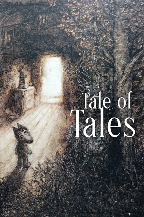 The poster features a lone figure walking through a dark, mysterious forest, with a bright, ethereal light shining through a doorway in the distance. The muted, earthy tones of the scene evoke a sense of solitude and adventure. The title "Tale of Tales" is elegantly placed in the foreground, sugg...
