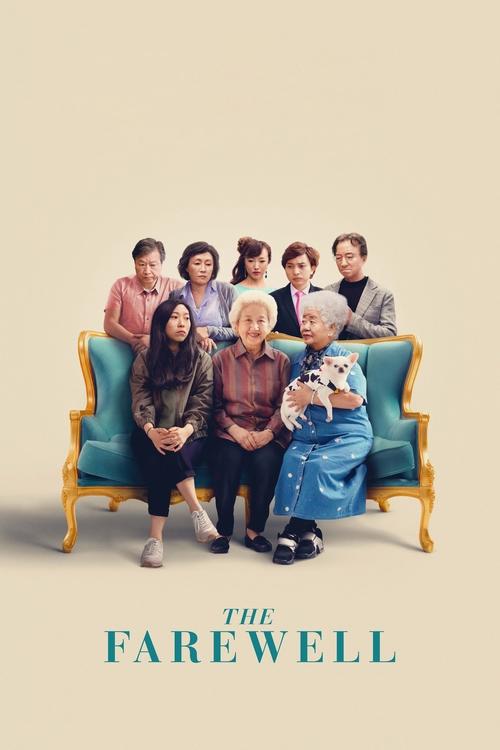 The poster features a group of seven family members gathered around a teal sofa, exuding warmth and nostalgia. The soft beige background complements the vibrant colors of the furniture and clothing, creating a cozy and inviting atmosphere. The title "The Farewell" is elegantly displayed at the bo...