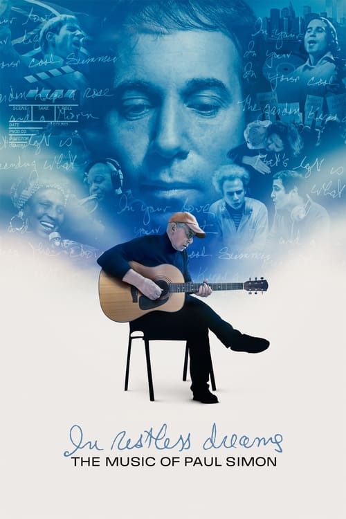 The poster features a man playing guitar against a dreamy blue background with a large face and musical notes. The mood is nostalgic and artistic, capturing the essence of Paul Simon's music.