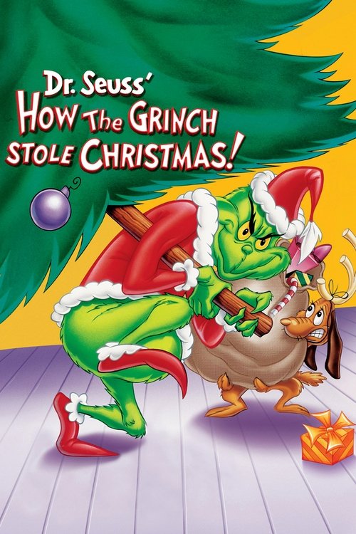The Grinch, a green elf with a red Santa hat, is shown stealing a golden Christmas tree from a shop window. He looks mischievous and determined, while the Grinch's friend, a small orange bear, watches with a mix of fear and amusement. The poster features vibrant colors like red, green, and gold, ...