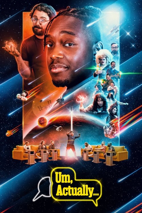 This vibrant poster features a diverse cast of characters in dynamic poses against a cosmic backdrop. The deep blue and purple hues create an energetic atmosphere, while the bright yellow speech bubble at the bottom emphasizes the show's playful and humorous tone.