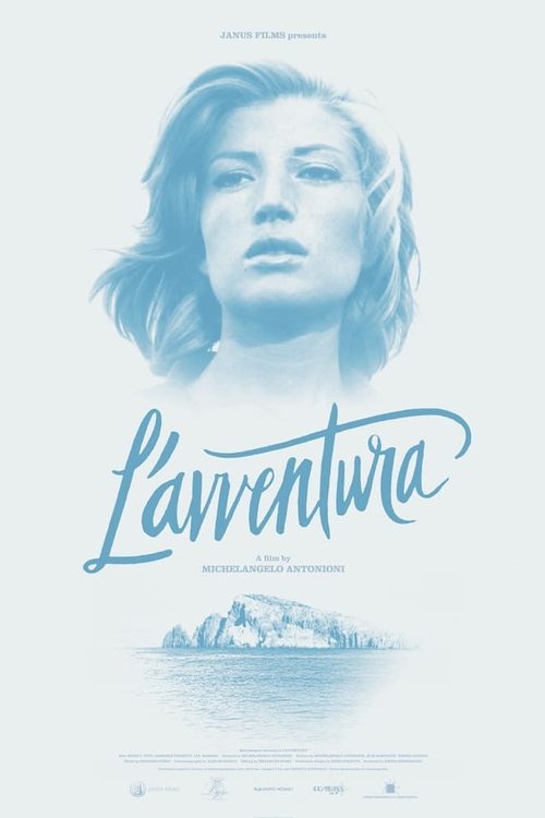 The poster features a serene, blue-toned portrait of a woman with a contemplative expression, evoking a sense of longing and introspection. The title "L'Avventura" is elegantly scripted in the center, surrounded by a tranquil seascape with a small island, suggesting themes of escape, romance, and...