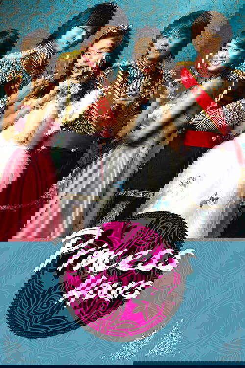 This poster features four young women in colorful, period-inspired outfits against a teal background. The central figure in a white gown exudes elegance, while others wear vibrant dresses and accessories. The pink and purple circular logo at the bottom hints at the show's fantasy theme. The mood ...