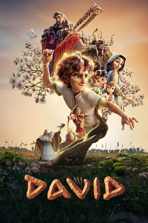 This vibrant movie poster features a central boy with golden hair and a joyful expression, surrounded by colorful characters including a wise elder, a young girl, and a small child. The warm sunset hues blend with blossoming cherry blossoms, creating a magical, dreamlike atmosphere that captures ...