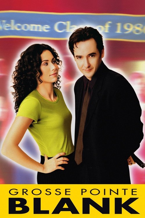 The poster features a woman in a bright yellow top and a man in a black suit against a warm, sunset-colored background. The title "Welcome Change of 1900" is prominently displayed at the top, while "Grosse Pointe Blank" appears at the bottom in bold, eye-catching letters. The overall mood is casu...