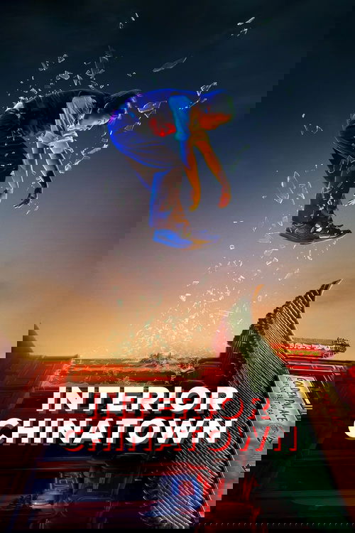 The poster features a dynamic scene with a person in a blue outfit mid-air, surrounded by floating particles that resemble musical notes or debris. The background showcases a vibrant sunset over a cityscape, with warm orange hues contrasting against the cool blues and purples. The title "INTERIOR...