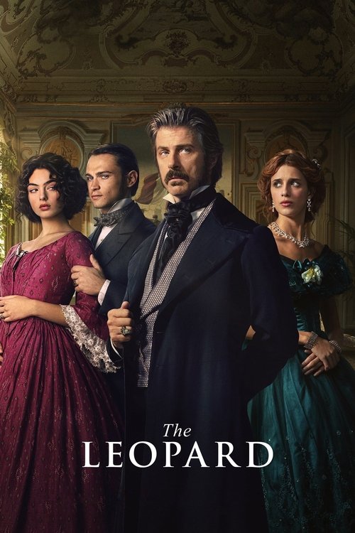 This TV show poster for "The Leopard" features a dramatic group of four elegantly dressed characters in period costumes, exuding an air of mystery and intrigue. The rich, muted tones of the dresses and the ornate background create a sophisticated and timeless atmosphere, hinting at a story steepe...