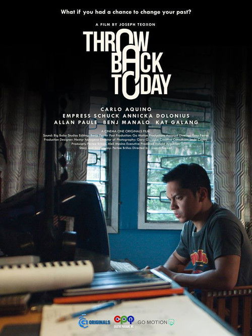 The poster features a young man in a dimly lit room with a piano, evoking a nostalgic atmosphere. The warm lighting and cozy setting suggest a heartfelt tribute to the past. The title "Throwback Today" stands out prominently, hinting at a blend of reflection and celebration.