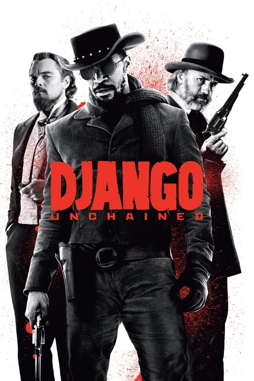 This movie poster features three men in cowboy hats and dark suits, holding guns against a gritty, blood-stained background. The central figure dominates the frame, exuding strength and authority, while the others add depth and intrigue. The bold red title "Django Unchained" stands out against th...