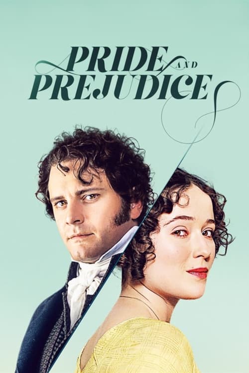 The poster features a man in a dark suit and a woman in a yellow dress, both with expressive faces against a soft teal background. The title "PRIDE AND PREJUDICE" is elegantly written in cursive script, evoking a sense of timeless romance and intrigue.