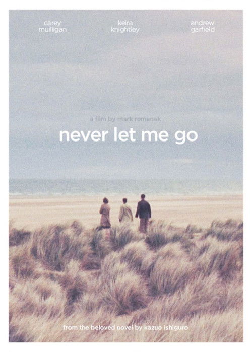 The poster features a serene beach scene with four silhouetted figures walking through tall, golden grass. The muted earth tones and soft pastel sky evoke a melancholic, nostalgic mood, perfectly capturing the film's themes of loss and longing.