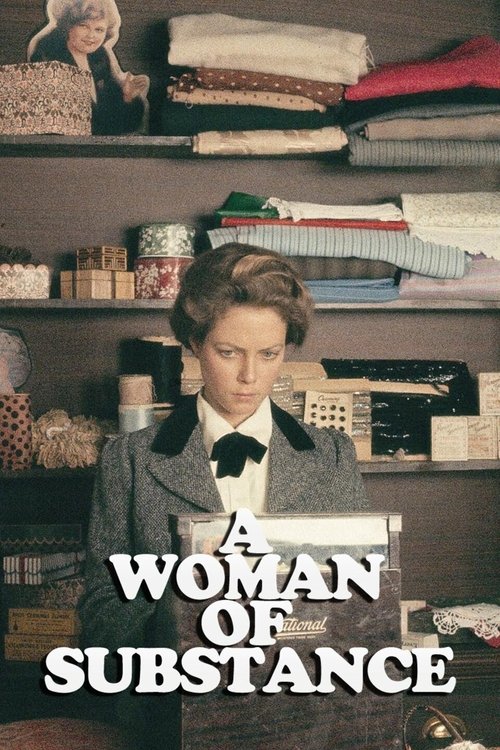 The poster features a woman in a vintage suit with a white shirt and black tie, holding a document. She stands in a well-lit room filled with neatly folded clothes and boxes, suggesting a store or archive. The muted, sepia-toned color palette evokes nostalgia and historical charm. The title "A Wo...