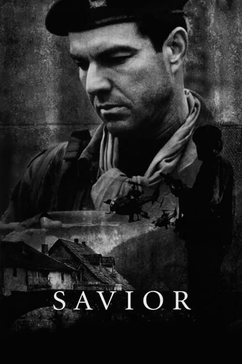 This movie poster features a somber, black-and-white portrait of a man in a beret and scarf, exuding a sense of melancholy and resilience. The title "SAVIOR" is prominently displayed at the bottom, suggesting a story about redemption or survival. The muted tones and dramatic lighting evoke a grit...