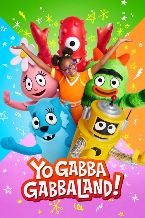This vibrant TV show poster features colorful, anthropomorphic characters in playful poses against a bright green background. The cheerful, whimsical mood is enhanced by sparkling stars and the bold, playful text at the bottom.