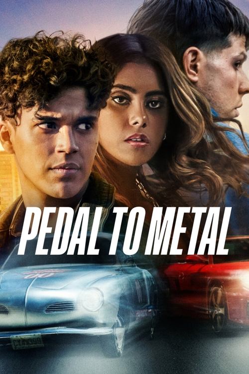 The poster features three characters with intense expressions, set against a dramatic backdrop. The colors are vivid, with a mix of warm and cool tones that create a sense of urgency and action. The title "PEDAL TO METAL" is prominently displayed in bold, white letters, emphasizing the film's thr...