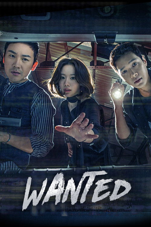 The poster features three characters with intense expressions against a gritty, industrial backdrop. The dark, moody lighting and muted tones create a suspenseful atmosphere, while the bold, distressed "WANTED" text at the bottom adds a sense of urgency and danger.