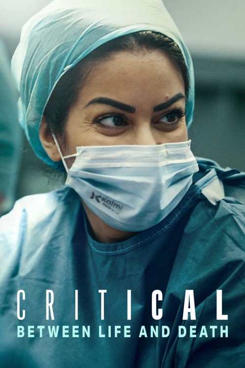 The poster features a medical professional in scrubs and a surgical mask, with a serious and intense expression. The muted blue tones of the clothing and the stark white text create a somber and clinical mood, emphasizing the gravity of the story.