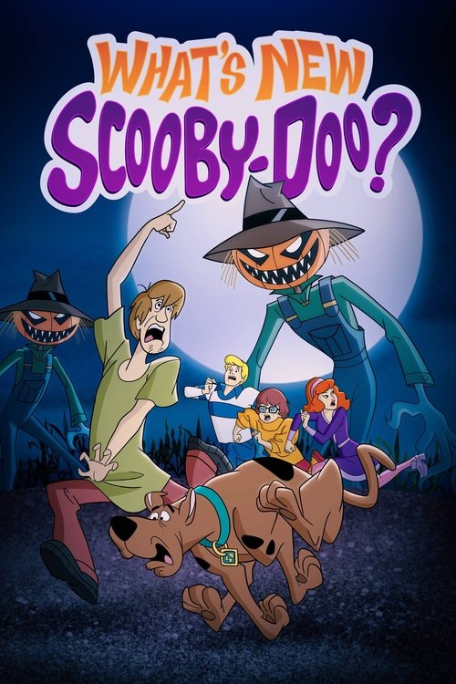 The poster features Scooby-Doo, Shaggy, and Velma in a spooky Halloween scene against a dark blue background. Scooby-Doo wears a green vest and hat, while Shaggy is in a red shirt. Velma stands confidently with a detective hat. The mood is mysterious and adventurous, with a full moon and spooky t...