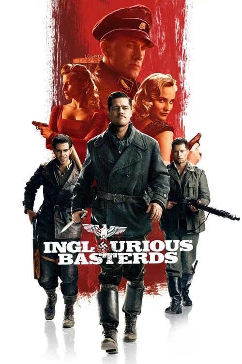 The poster features a central figure in a dark uniform, flanked by armed men in tactical gear against a dramatic red background. The mood is intense and action-packed, with the title "Inglourious Basterds" prominently displayed in bold white letters.