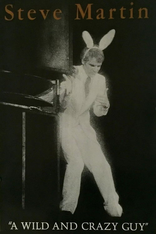 The poster features a ghostly figure in a white bunny suit, standing against a dark background. The title "Steve Martin: A Wild and Crazy Guy" is prominently displayed at the top and bottom. The overall mood is mysterious and whimsical, with the ghostly figure evoking a sense of surrealism.