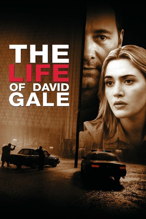 The poster features a dramatic, moody scene with a man and woman in the foreground, their faces illuminated against a dark, gritty background. The title "The Life of David Gale" is prominently displayed in bold, white letters. The overall atmosphere is tense and mysterious, suggesting a thriller ...