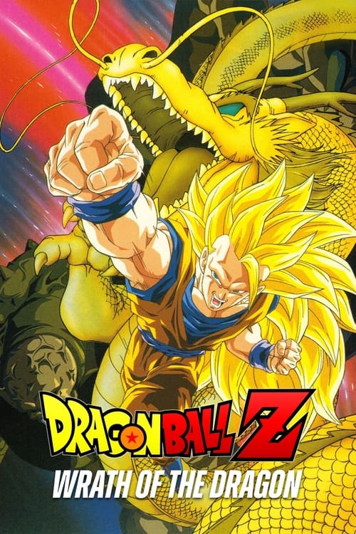 The poster features a muscular, determined figure in a golden outfit, exuding strength and determination. The background is filled with vibrant colors, including bright yellows, reds, and purples, creating an energetic and intense atmosphere. The title "Dragon Ball Z: Wrath of the Dragon" is prom...