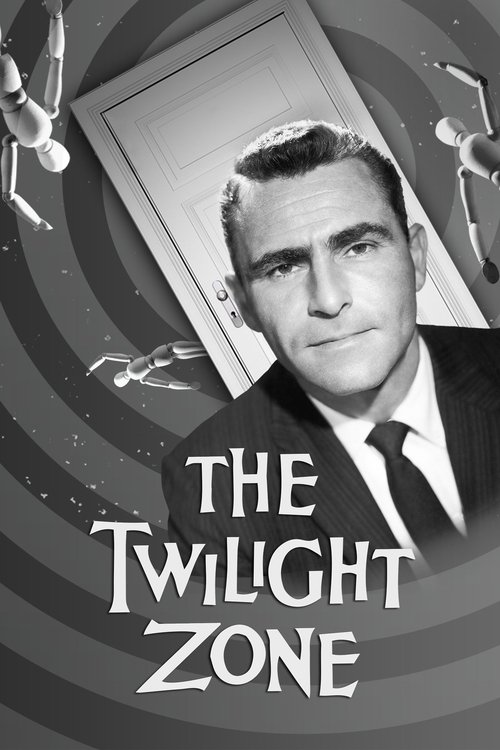 The poster features a black-and-white portrait of a man with a serious expression, framed by a stylized, swirling background. The title "THE TWILIGHT ZONE" is prominently displayed in bold, white letters. The overall mood is mysterious and suspenseful, evoking the classic sci-fi horror of the show.