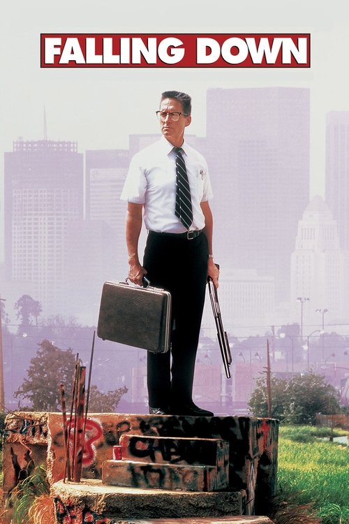 The poster features a man in a white shirt and tie standing on a rusty platform, holding a briefcase and a gun. The background shows a city skyline under a hazy sky, suggesting a gritty urban setting. The muted colors and gritty atmosphere convey a sense of danger and urban struggle.
