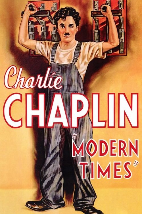 The poster features Charlie Chaplin in a vintage pose with arms raised, exuding a timeless charm against a warm, golden background. The bold red text announces "Modern Times," while the name "Charlie Chaplin" is elegantly scripted above him. The overall composition evokes nostalgia and humor, cap...