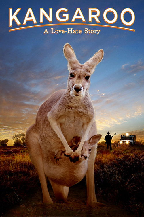 The poster features a majestic kangaroo with a curious expression, set against a dramatic sunset sky. In the background, a lone figure stands near a small cabin, adding a sense of isolation. The warm golden hues of the sunset contrast with the cool blues of the sky, creating a visually striking a...
