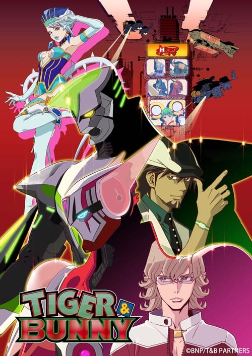 This vibrant poster showcases energetic characters in dynamic poses against a bold red background, capturing the playful and adventurous spirit of "Tiger & Bunny." The lively colors and expressive characters evoke a sense of fun and excitement, reflecting the show's engaging narrative and fun-lov...