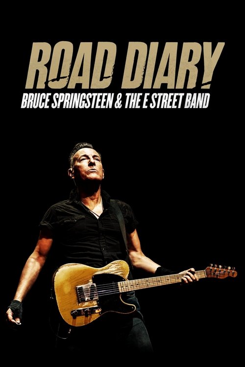 The poster features Bruce Springsteen in a black shirt playing an electric guitar against a stark black background. The title "ROAD DIARY" is prominently displayed in bold, gold letters. The mood is intense and cinematic, capturing the essence of a rock musician's journey.