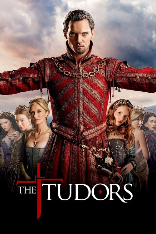 The poster features a powerful king in a red tunic with gold embroidery, standing with arms outstretched against a dramatic sky. Behind him, other Tudor nobles in period clothing add depth to the scene. The rich reds and golds evoke a sense of royal grandeur and historical drama.