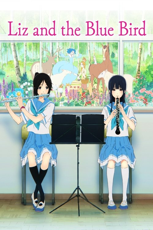 The poster features two anime-style girls in matching blue school uniforms, one with a white bow and the other with a black bow, both holding musical instruments. The background showcases a whimsical forest scene with colorful flowers and a blue bird, evoking a cheerful and magical atmosphere.