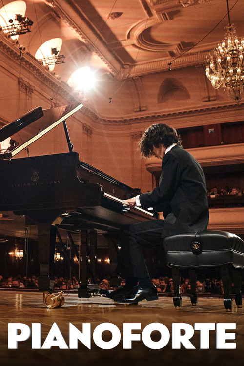 A pianist in a dark suit plays grand piano in an opulent, golden-lit hall. The warm lighting and ornate architecture create a dramatic, romantic atmosphere.