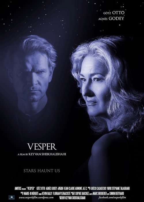 The poster features a dark, moody scene with two figures in shadowy tones, evoking mystery and suspense. The cool blue and black color palette enhances the film's mysterious atmosphere, while the title "Vesper" stands out in white text against the dark background.