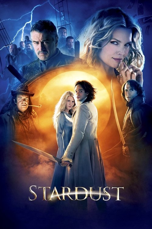 The poster features a dramatic scene with a young woman in a white dress holding a sword, surrounded by other characters in period costumes. The background is filled with mystical, glowing orbs and lightning, creating an ethereal and adventurous atmosphere. The title "Stardust" is prominently dis...