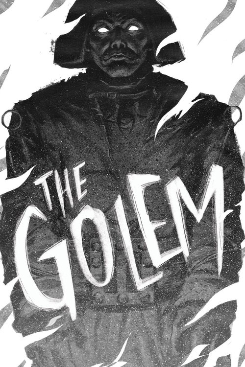 This black and white poster depicts a mysterious figure in a hat, surrounded by swirling, chaotic energy. The title "The Golem" is boldly written in white against the dark background, creating a stark contrast. The mood is eerie and mysterious, suggesting a supernatural or horror theme.