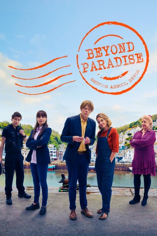 The poster features six characters standing on a dock, with one man in a blue suit holding a yellow object and a woman in a pink dress standing beside him. The background shows a serene waterfront scene with boats and a clear blue sky. The circular stamp-like design in orange and white adds a whi...