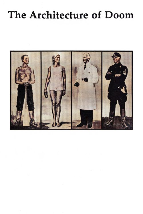 The poster features four characters in a gritty, sepia-toned image. The mood is tense and mysterious, with the title "The Architecture of Doom" prominently displayed at the top.