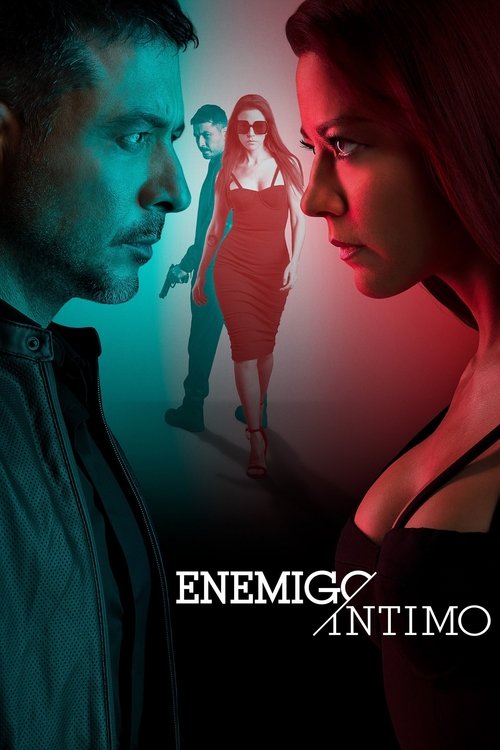 The poster features a dramatic confrontation between two intense male faces, one in shadow and one illuminated by red light. In the background, a woman in a red dress stands confidently, while another man looms behind her. The cool blue and warm red tones create a visually striking contrast, evok...
