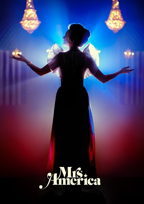 The poster features a silhouette of a woman in a long gown, arms outstretched against a dramatic blue and red backdrop. Two glowing chandeliers hang above, casting warm light that contrasts with the cool tones. The title "Mrs. America" is elegantly displayed at the bottom, evoking a sense of myst...