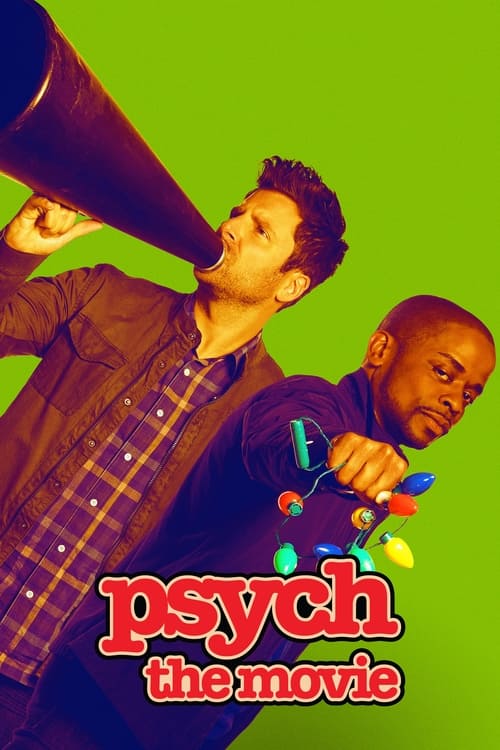 The poster features two men against a vibrant green background, one shouting into a megaphone while the other holds colorful confetti. The bold red and white text "psych the movie" anchors the image, evoking a comedic and energetic atmosphere.