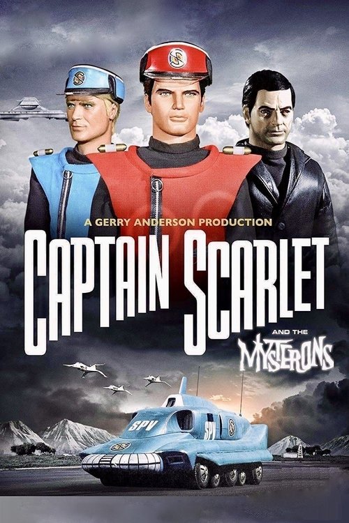 This poster features three characters in vibrant colors—blue, red, and black—against a dramatic sky. The title "Captain Scarlet and the Mysterons" dominates the foreground, with a classic blue car in the background. The mood is adventurous and mysterious, capturing the essence of the classic supe...