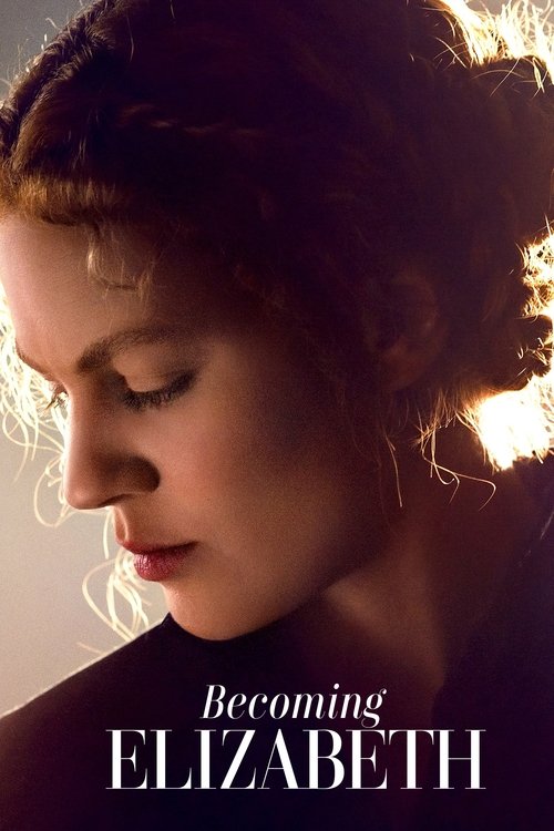 The poster features a close-up of a woman with her eyes closed, her face illuminated by warm, golden light against a dark background. The title "Becoming Elizabeth" is prominently displayed in elegant white lettering at the bottom, evoking a sense of introspection and emotional depth.