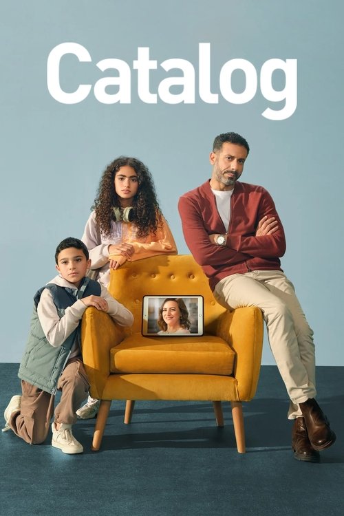 The poster features a family of four—mother, father, and two children—sitting on a bright yellow armchair against a soft blue backdrop. The warm tones of the clothing and furniture contrast with the cool background, creating a cozy yet modern atmosphere. The title "Catalog" is prominently display...